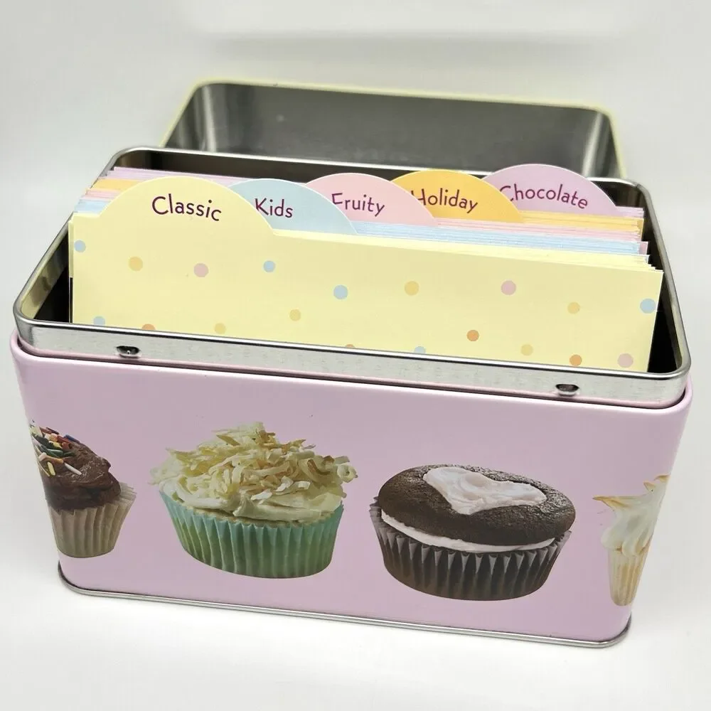 CUPCAKES Recipe Box Keepsake Tin w/99 Recipes & Dividers Desserts Metal Hinged